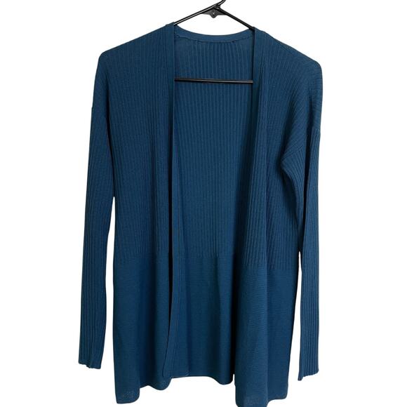 Eileen Fisher Tencel Cardigan Sweater Womens Medium Blue Ribbed Open Front - Picture 1 of 9